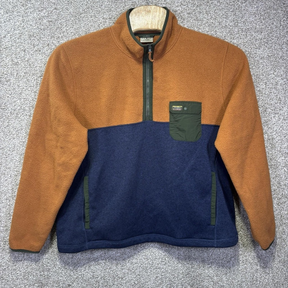 LL Bean Jacket Mens‎ 2XL Brown Navy Fleece 1/4 Zip Colorblock Pullover Outdoor